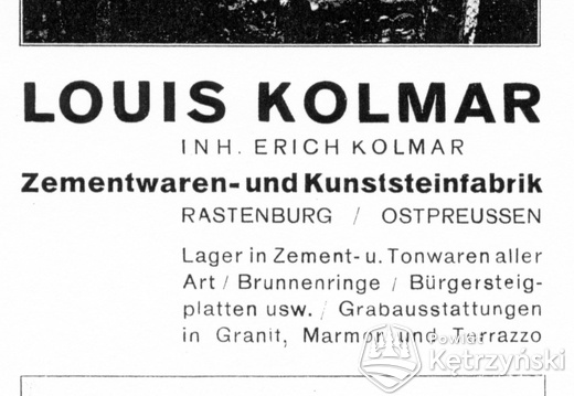 Rastenburg, Zementwaren Louis Kolmar Werbung 1934